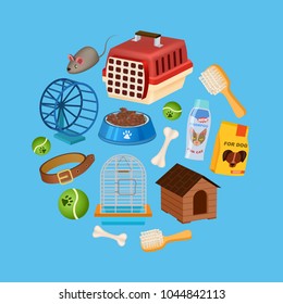 Pet shop background in cartoon style. Pet store backdrop with animal preserved food, toys and vet care accessories. Veterinary clinic and homeless animals shelter vector illustration template.
