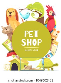 Pet Shop Background With Green Round Frame, Animals, Food, Medicines, Canine Home And Aquarium Vector Illustration