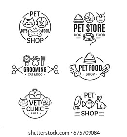 Pet Shop Badges or Labels Line Art Set for Store, Grooming, Food and Clinic Service. Vector illustration