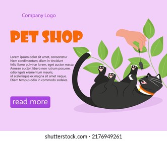 Pet shop banner. Black cat with a collar. Vector illustration in flat style.