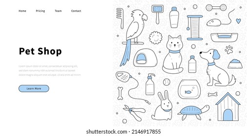 Pet shop banner with doodle cat, dog, parrot, mouse, and bunny. Vector landing page of store with pet accessories with hand drawn animals, aquarium with fish, turtle, scratching post and kennel