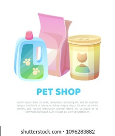 Pet shop banner food and cat filler for toilet, shampoo cleaning moisturizer, products at domestic animals store, text sample and headlines, vector