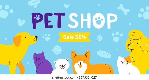 Pet shop banner template with cats and dogs. Vector cartoon poster with cute pets.