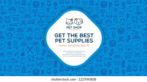 Pet shop banner template with logo badge and outline pattern in square form. Card flyer poster illustration with your text for veterinary clinic, zoo, petfood. Flat style vector illustration.