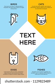Pet shop banner template with vector graphic icon set. Flat style design with cat, dog, fish, bird. Card flyer poster illustration with your text for veterinary clinic, zoo, petfood