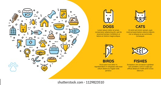 Pet shop banner template with vector graphic icon set in heart form. Card flyer poster illustration with your text for veterinary clinic, zoo, petfood. Flat style design with cat, dog, fish, bird - Shutterstock ID 1129823510