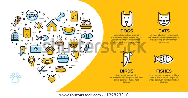 Pet shop banner template with vector graphic icon\
set in heart form. Card flyer poster illustration with your text\
for veterinary clinic, zoo, petfood. Flat style design with cat,\
dog, fish, bird