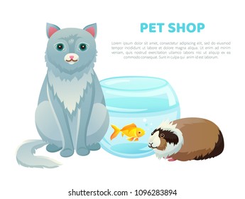 Pet shop banner various animals and text, vector illustration with cat and golden fish in glasses bowl, cute cavy pets collection home kitten