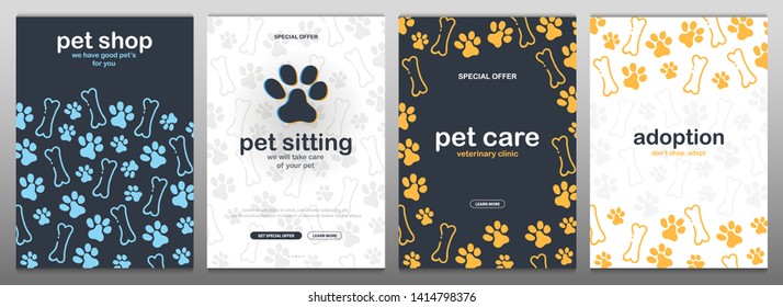 Pet shop banners with cat or dog paws. Hand draw doodle background