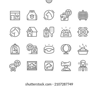 Pet shop. Bird in cage. Animal food. Pets shampoo and comb. Rodent running wheel. Aquarium for fish. Pixel Perfect Vector Thin Line Icons. Simple Minimal Pictogram