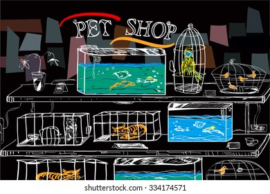 Pet shop with birds and animals in cages, hand drawn illustration on black