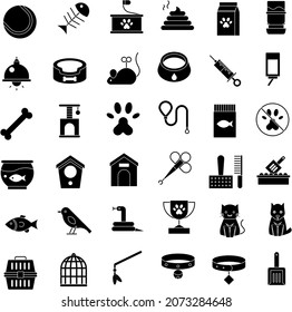 Pet shop black and white flat vector collection set