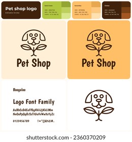 Pet shop brown line company logo. Brand name. Natural care. Puppy silhouette with leaf symbol. Design element. Cheerful visual identity. Boogaloo font used. Suitable for dog food, pet product