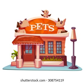 Pet shop building with bright banner. Vector illustration.