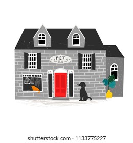 Pet shop building. Hand drawn vector illustration