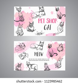 Pet shop business card with cats. cat meow text Vector illustration Cute kitten sketch. Pet care banner