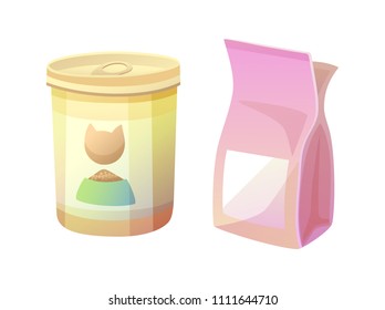 Pet shop canned bottle and package with food, cat and bowl on container, meals for domestic animal set, dry dinner, vector illustration isolated on white