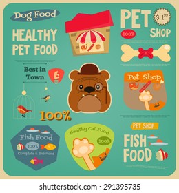 Pet Shop Card. Flat Design Style. Advertising Pet Food. Vector Illustration.