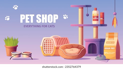 Afiche horizontal de dibujos animados de tienda de mascotas con champú alimentario de juguetes y otros accesorios para gatos ilustración vectorial