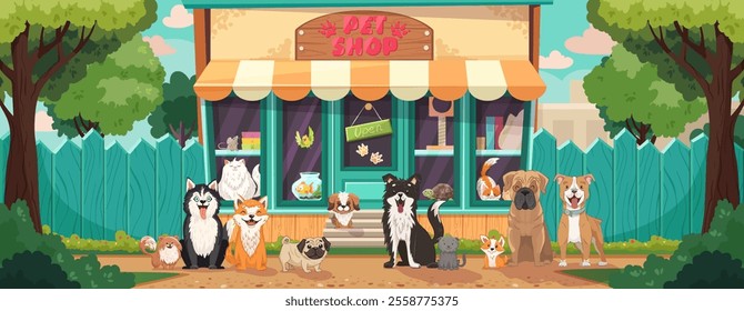 
Pet shop cartoon vector illustration with dogs, cats, hamster, parrot, fish. Animal food on shelf, pillow bed, bowl, and scratching toy indoors. Concept shopfront for banner or brochure design.