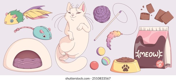 Pet shop with cat food, toy and house goods icon. Bed, supplies and stuff object set for petshop. Home or veterinary accessories to care animal clipart bundle. Cute pastel bowl, leash and mouse asset