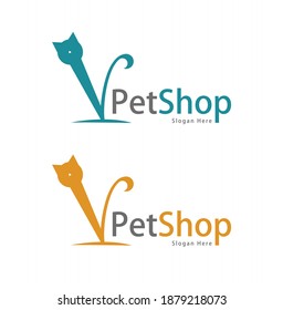 pet shop cat logo. V letter cat view is a cute logo for shop.