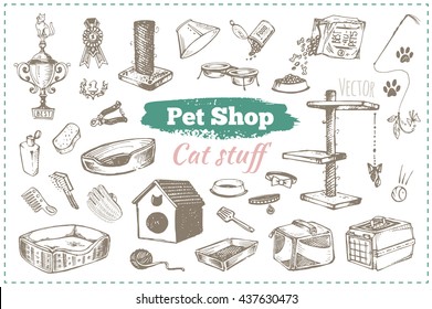 pet shop, cat stuff. isolated vector icons sketch feline accessories. for website design and zoo store, product packaging design for cats and animals. vintage trend