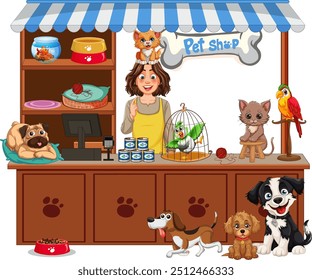 Pet shop with cats, dogs, birds, and supplies