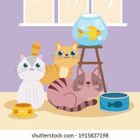 pet shop with cats fish canned food and bowl vector illustration