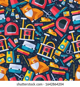 Pet shop for cats, flat style icons in seamless pattern, vector illustration. Wrapping paper for animal care products, pet store items. Accessories for cats, isolated emblems and simple pictogram set