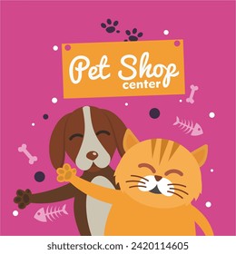 The pet shop center, especially for dogs and cats, depicts illustrations of dogs and cats along with the elements inside which include fish bones, chicken bones and footprints