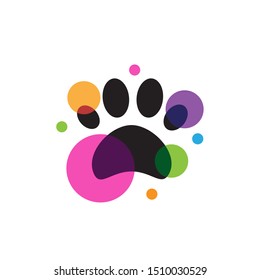 Pet shop clinic home care logo design with house, bright yellow sun and dog or cat footprints