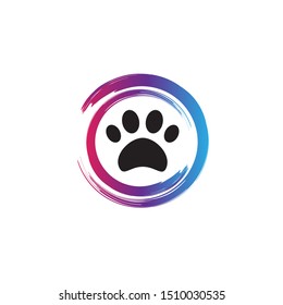 Pet shop clinic home care logo design with modern circle paintbrush and dog or cat footprints