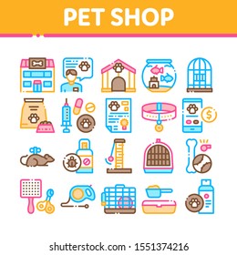 Pet Shop Collection Elements Icons Set Vector Thin Line. Shop Building And Aquarium, Bowl And Collar, Gaming Accessory And Medicaments Concept Linear Pictograms. Color Contour Illustrations