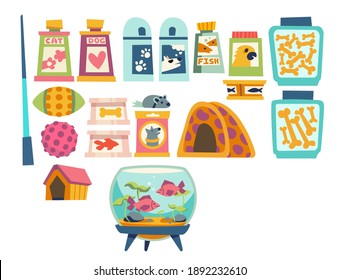 Pet Shop Collection With Toys, Bowls, Kennel For Dogs And Cats, Shampoo And Feed For Domestic Animals. Vector Flat Set Of Pet Accessories, Fish In Aquarium, Boxes With Snack, Balls And Mouse Toy