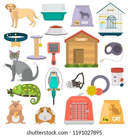 Pet shop color vector icons set. Flat design