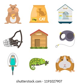 Pet shop color vector icons set. Flat design