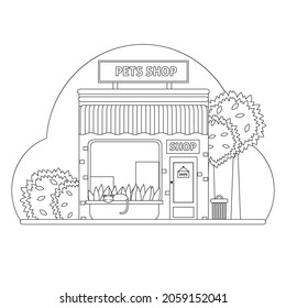 Pet Shop Coloring Book. Store Exterior Graphic Black White Sketch.