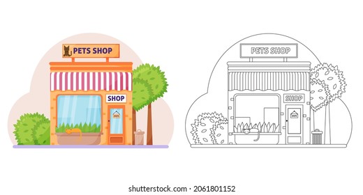 Pet Shop Coloring Book. Store Exterior Graphic Black White Sketch.