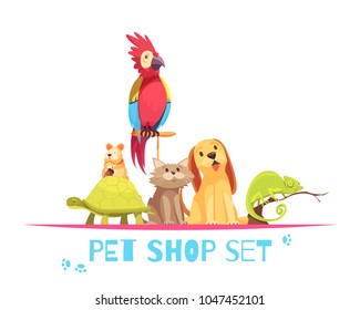 Pet Shop Composition With Domestic Animals Parrot, Hamster, Chameleon, Dog And Cat On White Background Vector Illustration