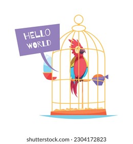 Composición de tienda de mascotas con vista de estilo doodle de pájaro en refugio sobre ilustración vectorial de fondo en blanco