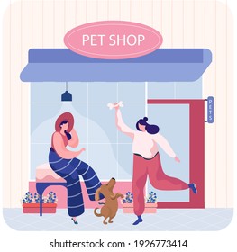 Pet Shop Concept, Awning With Domestic Animal Accessories, Outdoor Store Front Facade. Two Women Walk With Puppy. Pet Owners Buy Food And Goods For Playing And Caring For Little Friend