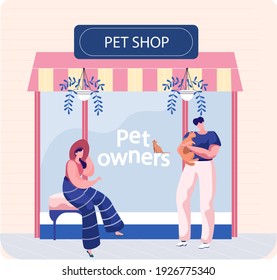 Pet shop concept, awning with domestic animal  accessories, store outdoors, veterinarian market. Couple with cat goes shopping. Pet owners buy food and goods for playing and caring for little friend