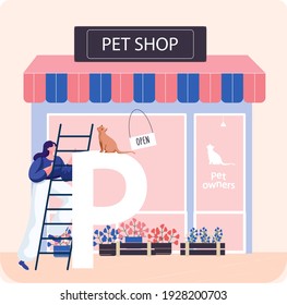 Pet shop concept, awning with domestic animals accessories, store indoors, veterinarian market. Woman with cat goes shopping. Pet owners buy food and goods for playing and caring for little friend