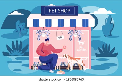 Pet shop concept, awning with showcase animal accessories store. Woman feeding spotted dog