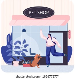 Pet shop concept, awning with windows. animal accessories store outdoor flat vector illustration. Woman with dog goes shopping. Pet owner buys food and goods for playing and caring for little friend