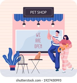 Pet shop concept, awning with windows animal accessories store indoors flat vector illustration. Pet owners buy food and goods for playing and caring for little friend. Couple with cat goes shopping