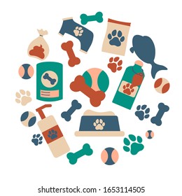 Pet shop concept in circle with thin line icons: veterinary pills, pet shampoo, Pet food bowl, Canned dog food, toys, Dry food, Hygienic bag, Snacks. 
Modern vector illustration, web page template.