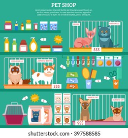 Pet shop concept with flat cat breed icons vector illustration