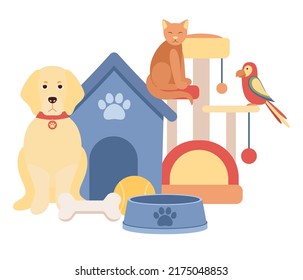 Pet shop concept. Pet food, pet furniture, parrot, dog and cat and pet supplies. Vector flat illustration 
